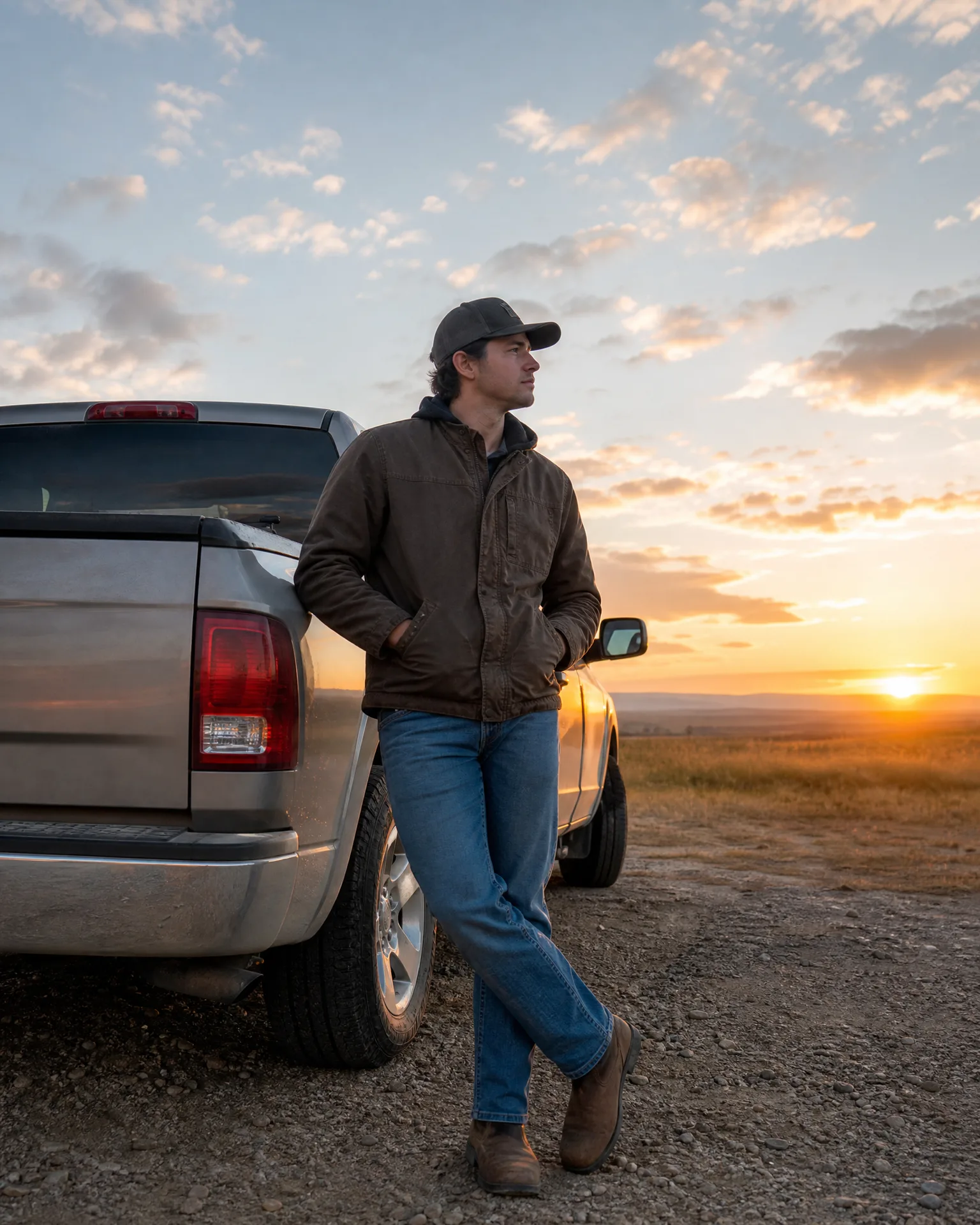 A man in a cap, brown jacket and jeans leans against the rear of a pickup truck on gravel ground at sunset, with open grassland and a cloudy sky behind.