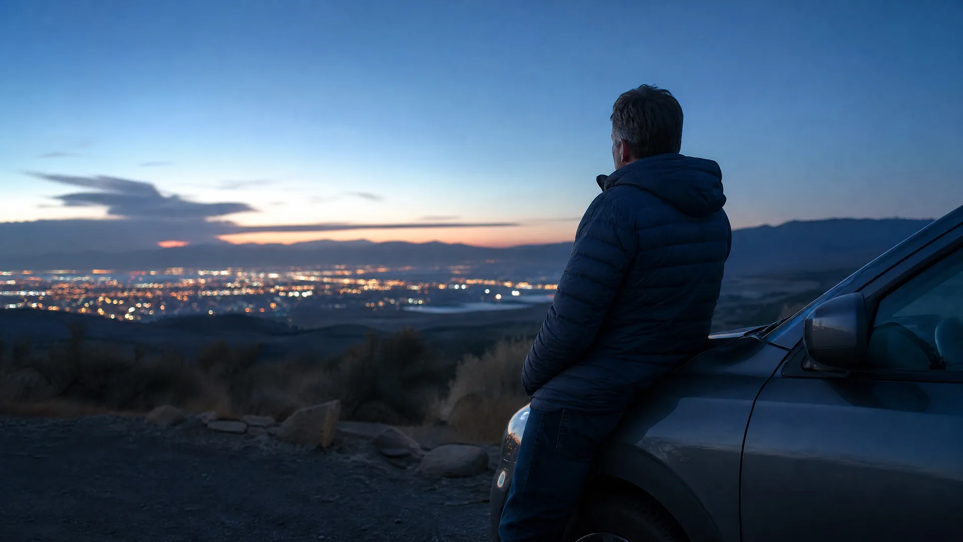A man in a dark puffer jacket leans against the front of a car on a gravel overlook at dusk, facing a valley of city lights below distant mountains.