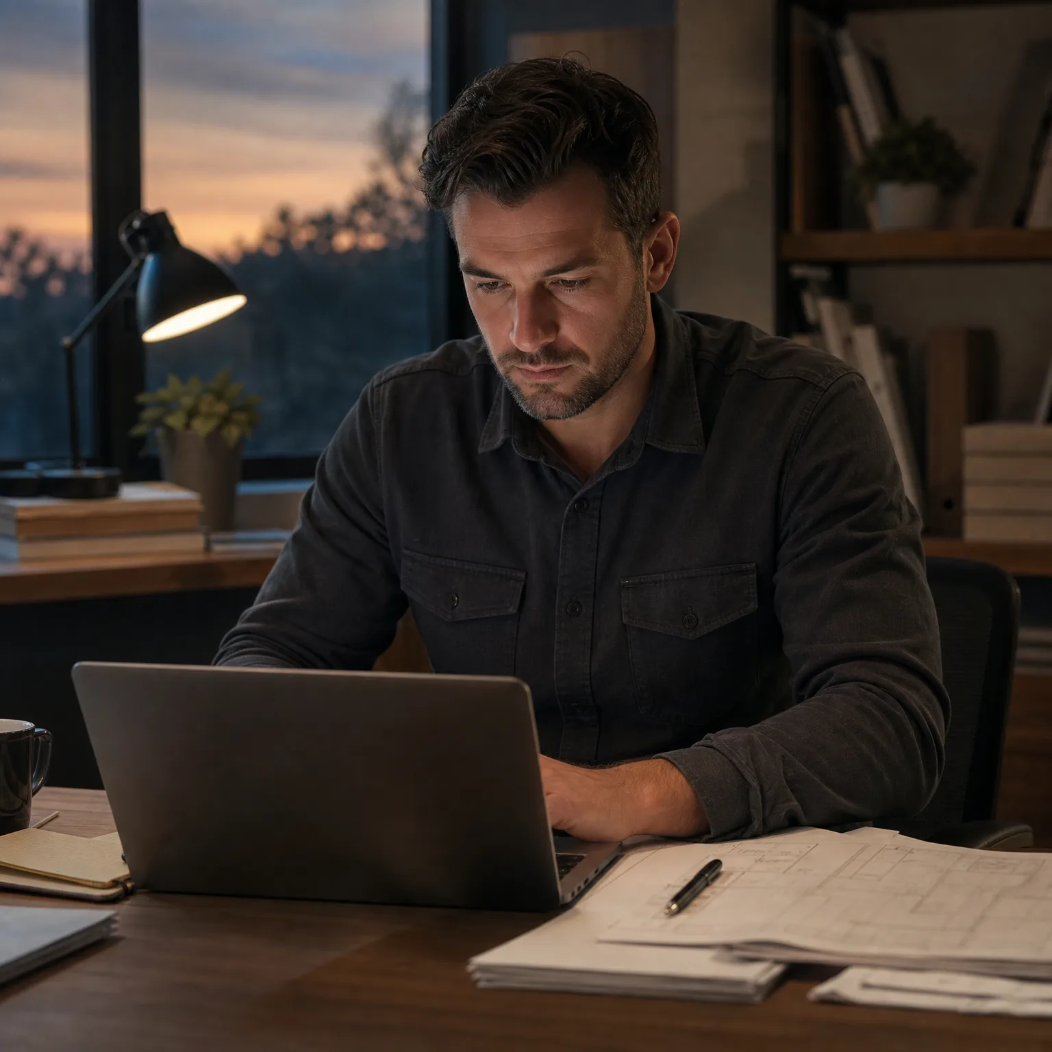 A man in a dark button-up shirt sits at a wooden desk using a laptop, with a desk lamp, potted plant, papers with a pen, a mug, and a window showing dusk behind him.