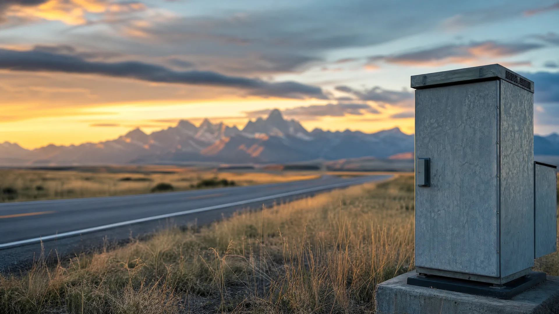 A metal utility cabinet on a concrete pad stands in dry roadside grass beside a two-lane highway, with snow-dusted mountains and a cloudy sky at sunset in the background.