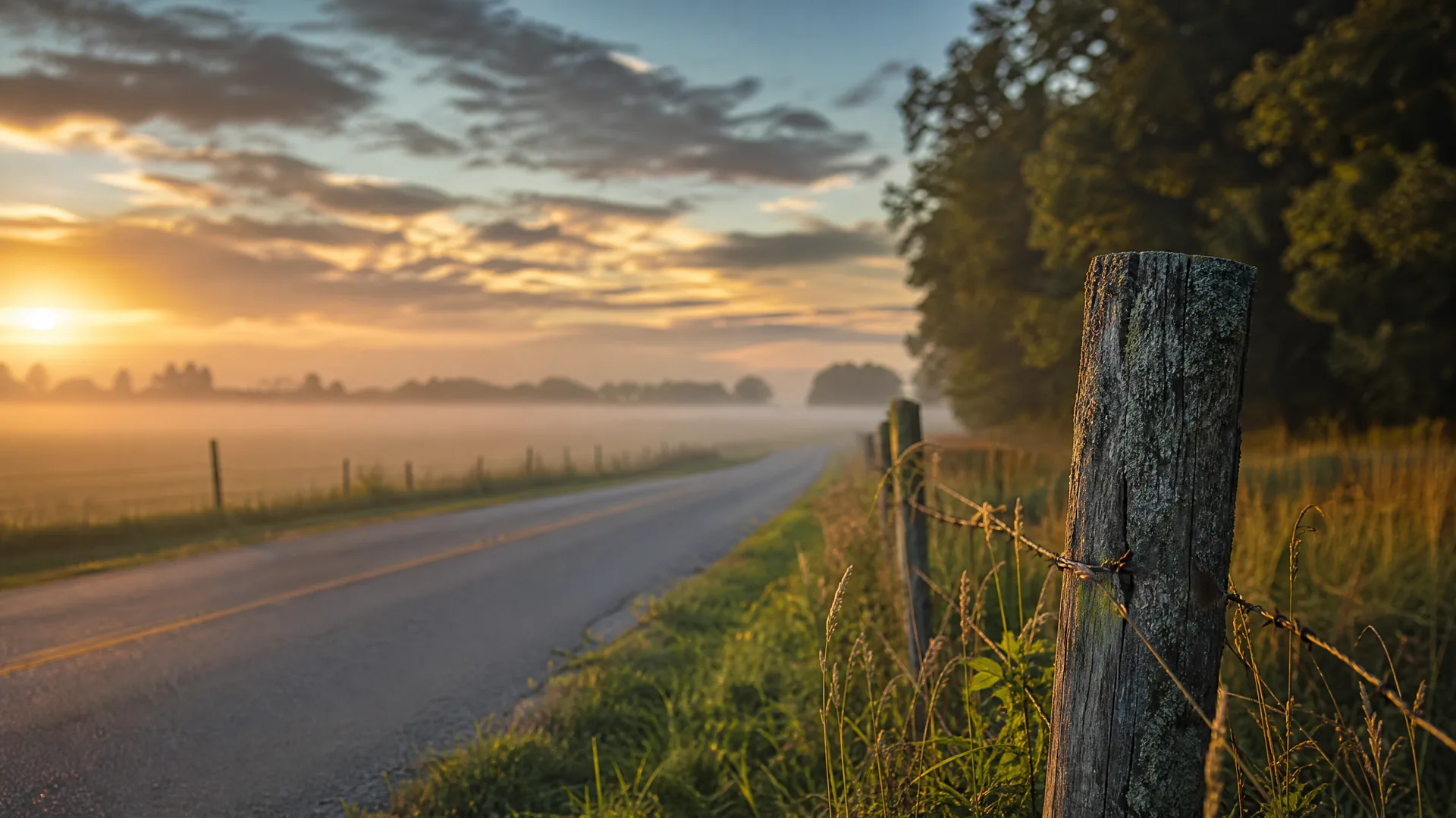 A two-lane rural road runs through misty fields at sunrise, with a weathered wooden fence post and barbed wire in the foreground and trees along the right side.