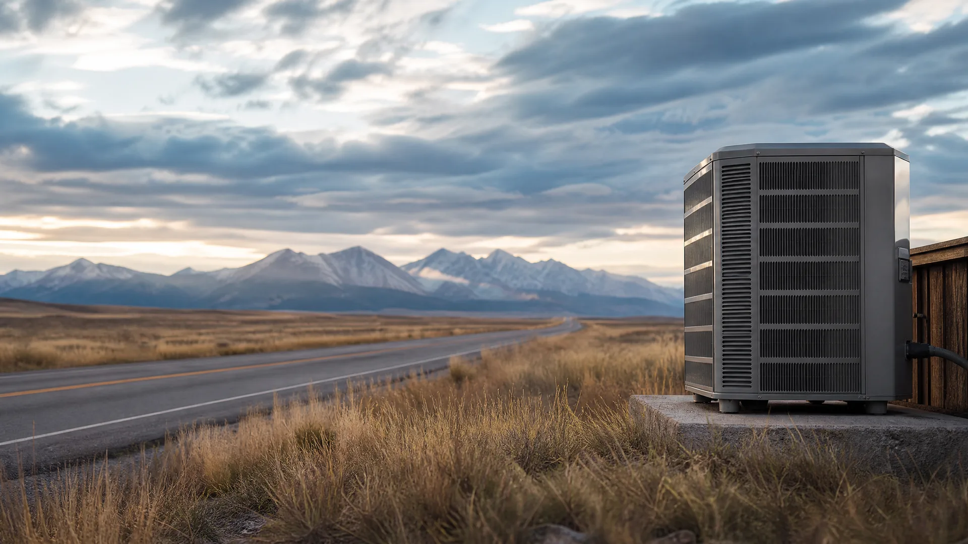 An outdoor air conditioner condenser unit on a concrete pad beside a wooden fence, with dry grass, a two-lane road, and snow-capped mountains under a cloudy sky.
